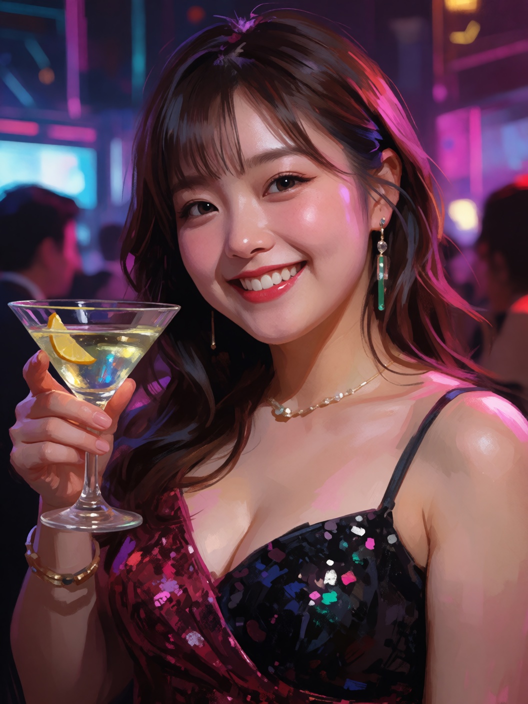 digital painting closeup portrait of a cheerful young woman,  chubby pretty lady,  in a night club with a martini wearing...