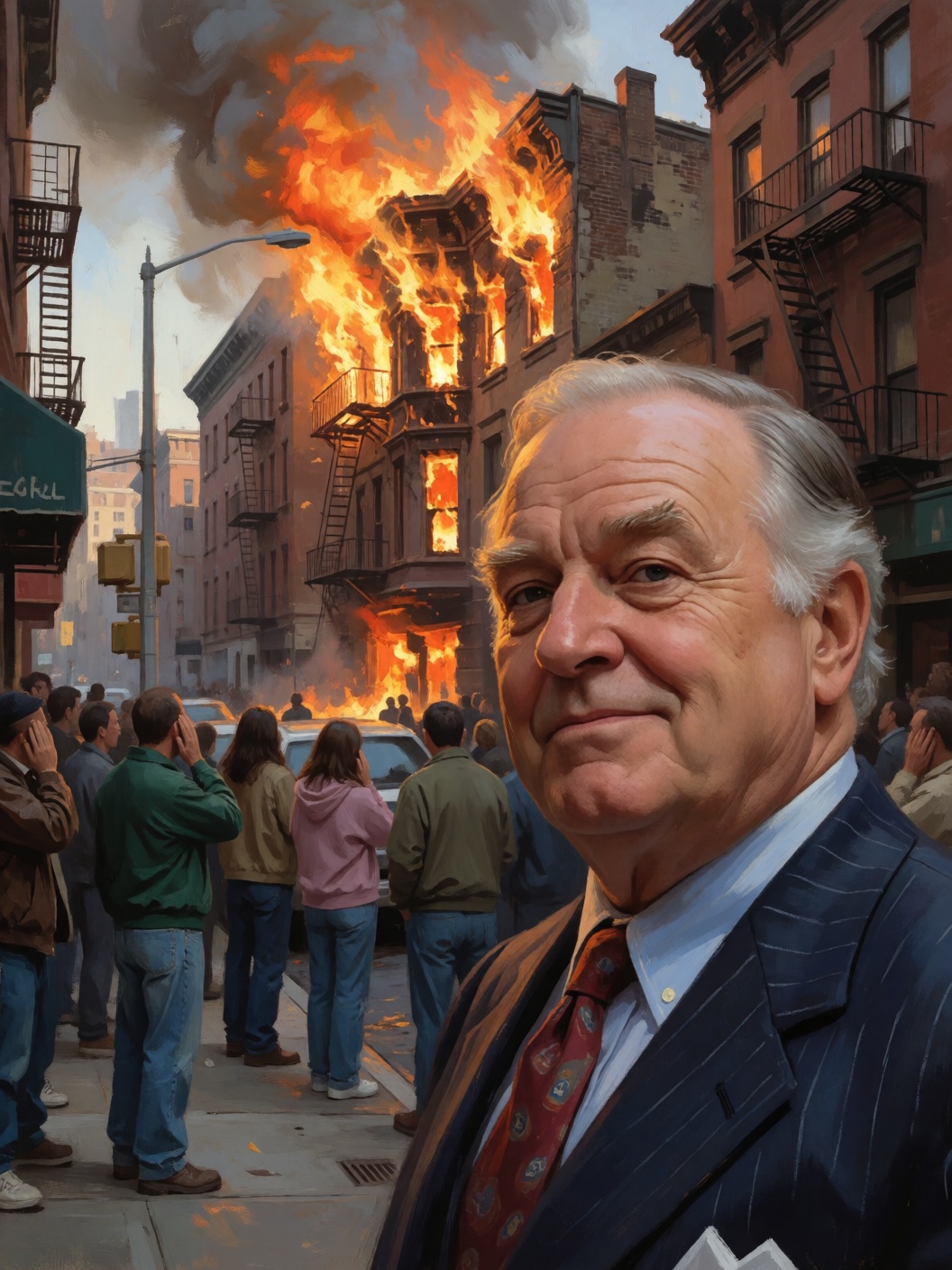 digital painting closeup head and shoulders of a smug fat 60-years-old man in a pin-striped suit,  city street with a tene...