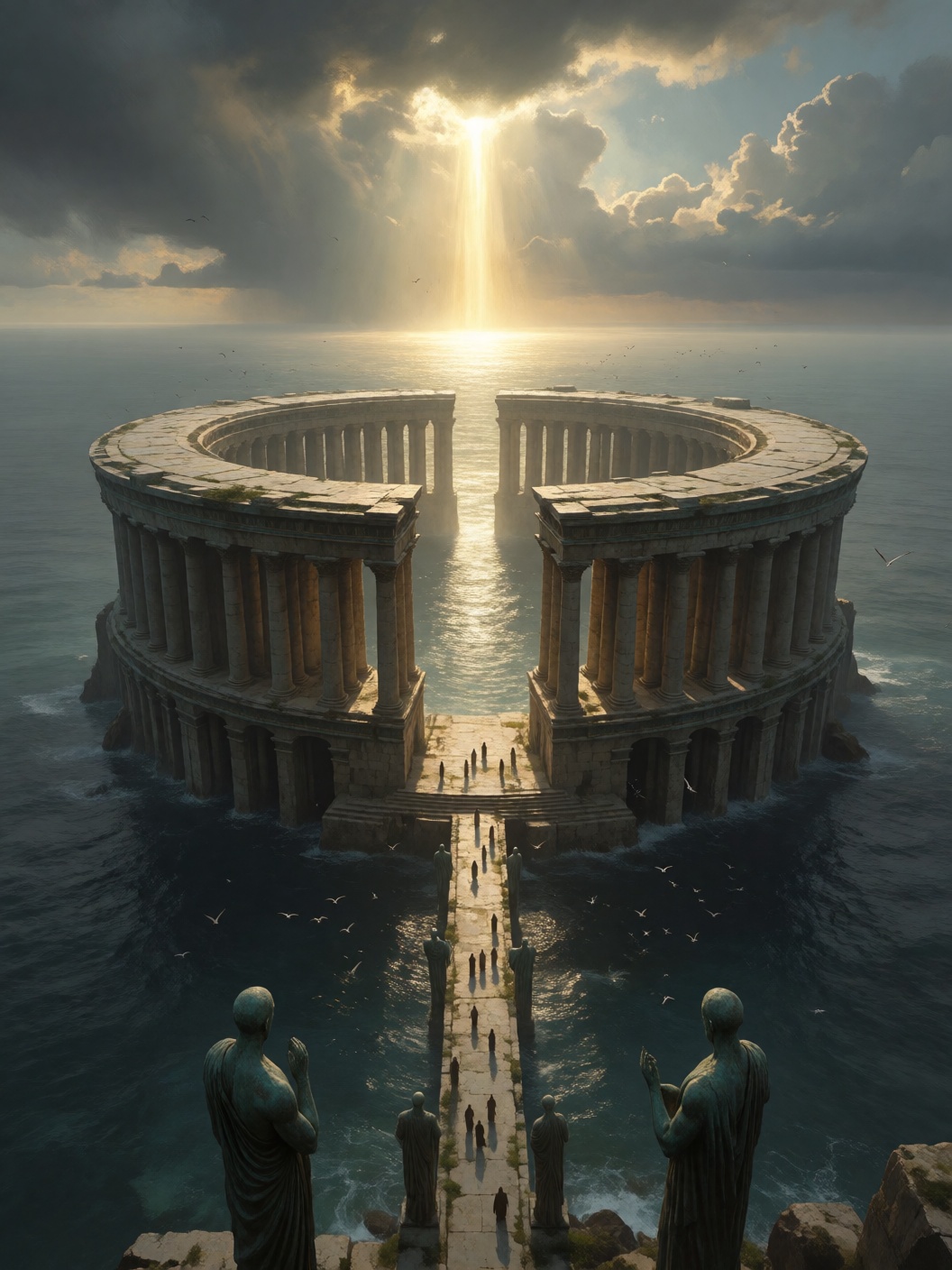 digital painting of an enormous circular sanctuary rising from a calm dark ocean several kilometers offshore. The structur...