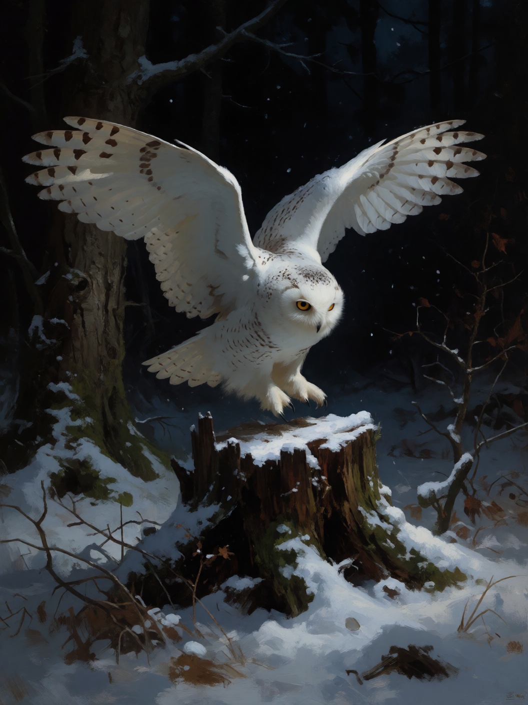 digital painting of a snowy-white owl emerging from the shadows of a nighttime old German forest,  the owl's wings spread...