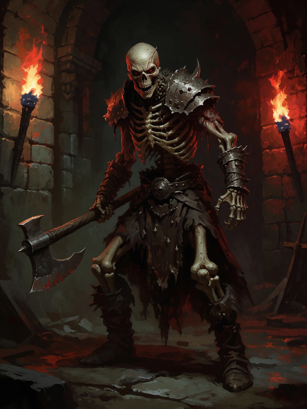 digital painting of an evil skeleton undead warrior with axe in a dark dungeon with red light torches and stone walls on T...