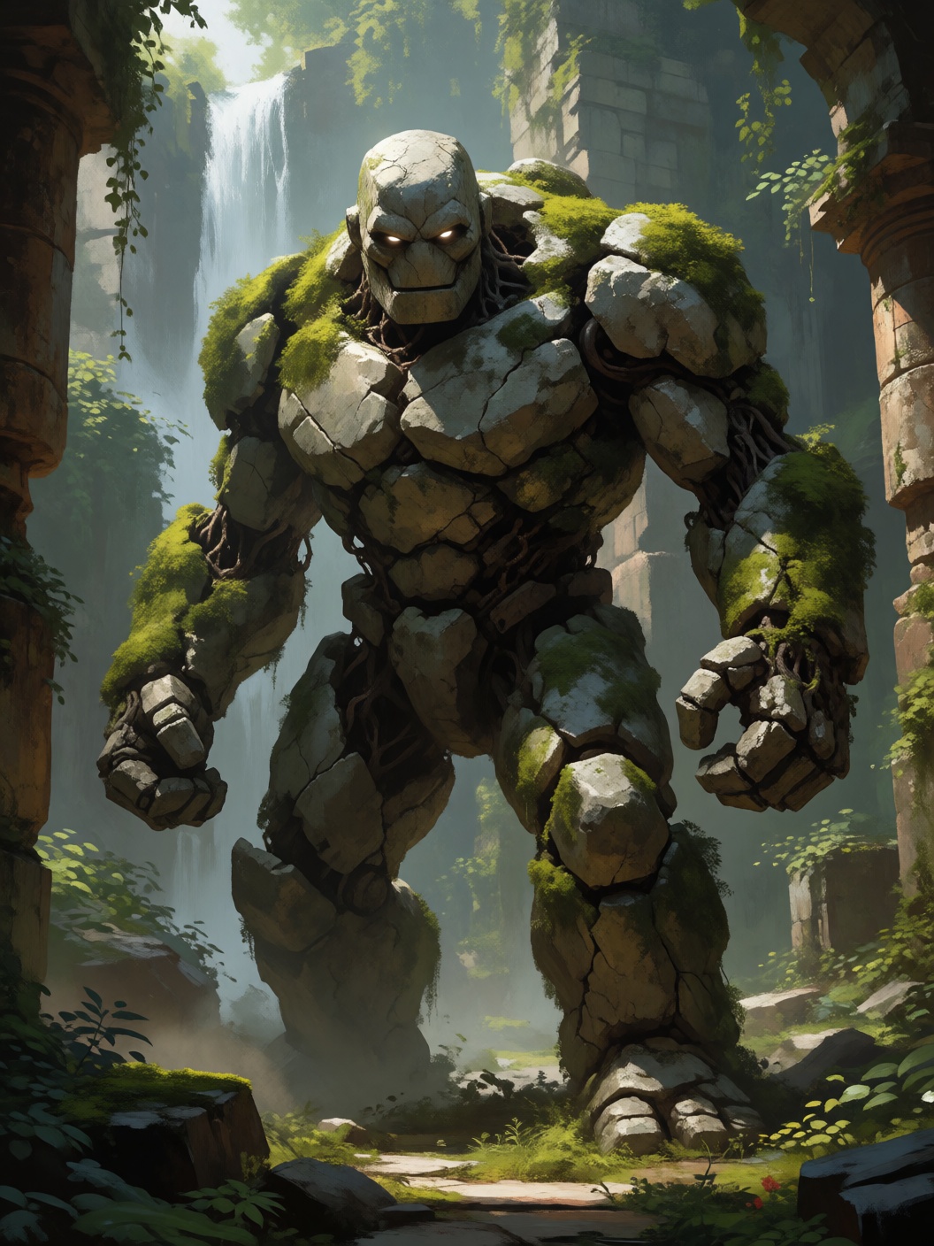 digital painting portrait of a colossal stone golem,  with cracks and moss covering its body,  standing in an ancient ruin...