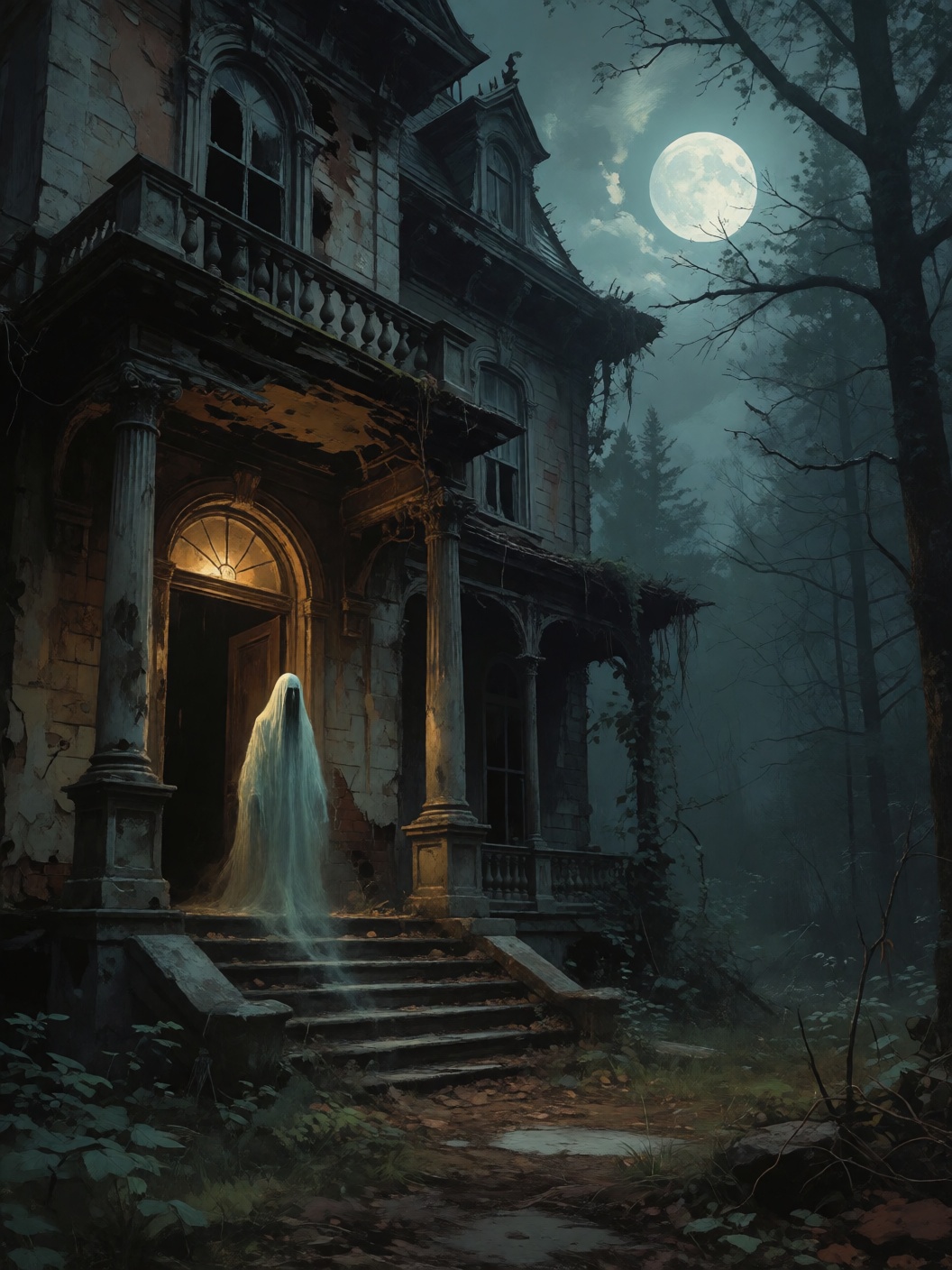 digital painting of a ghostly figure standing in a decrepit mansion's doorway,  with a moonlit forest stretching into the...
