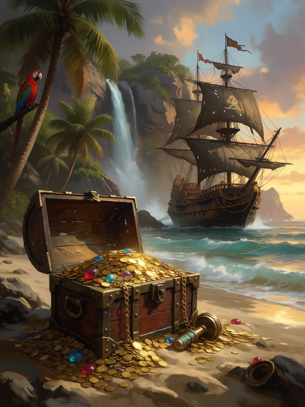 digital painting of an open treasure chest,  overflowing with gold coins,  jewels on Tensor.Art