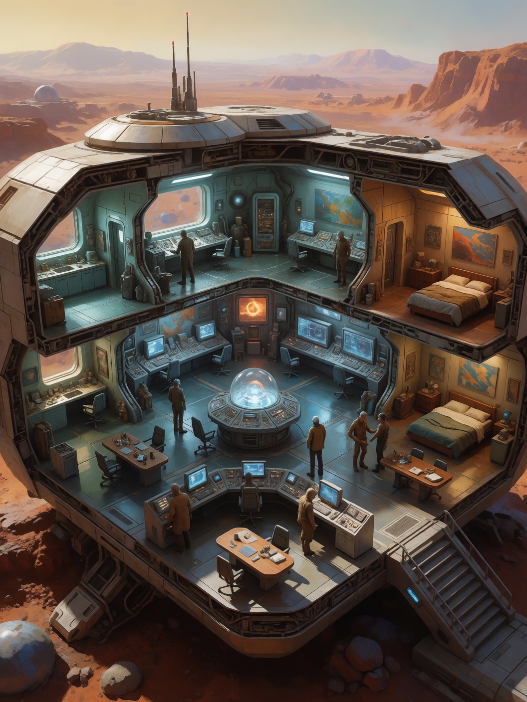 digital painting isometric cross-section futuristic extra-terrestrial base colony model,  fully furnished,  model people a...