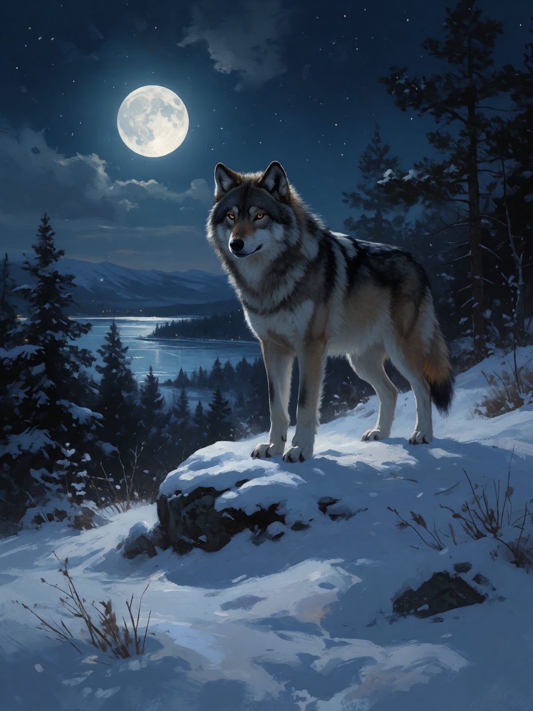 digital painting of a lone wolf standing on a snowy hill at midnight,  with a full moon in the background. The landscape i...
