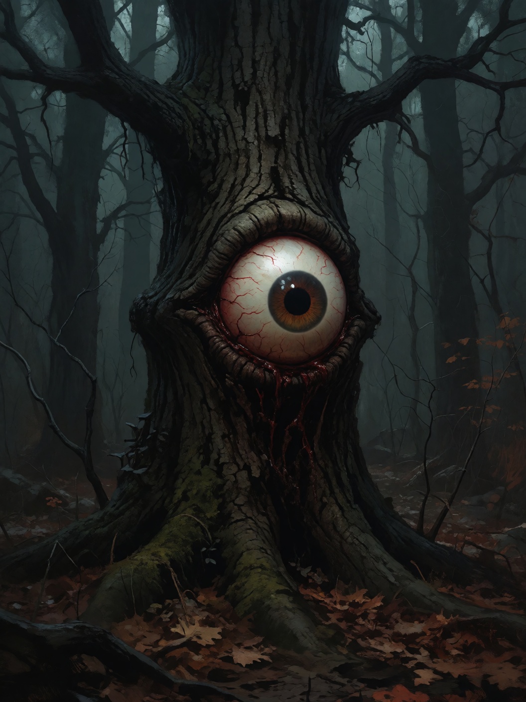 digital painting of a large creepy eyeball embedded in a dark oak tree in a dank dark haunted forest on Tensor.Art