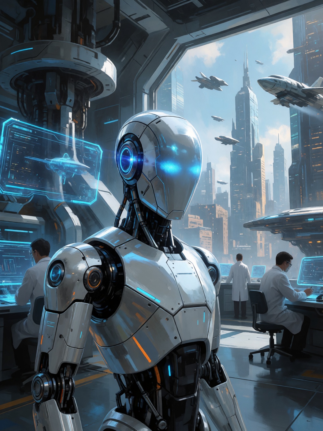 digital painting closeup of a futuristic robot,  standing in a high-tech laboratory,  with holographic screens and advance...