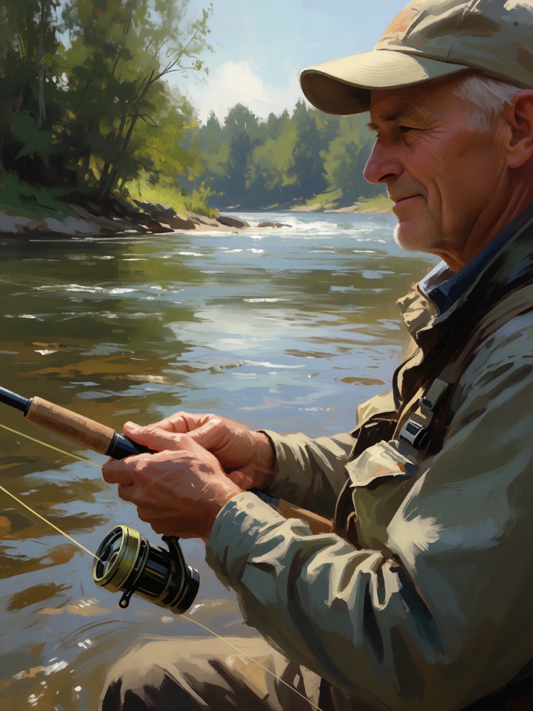 digital painting portrait of a fisherman,  casting a line in a tranquil river. The fisherman’s face is serene and focused,...
