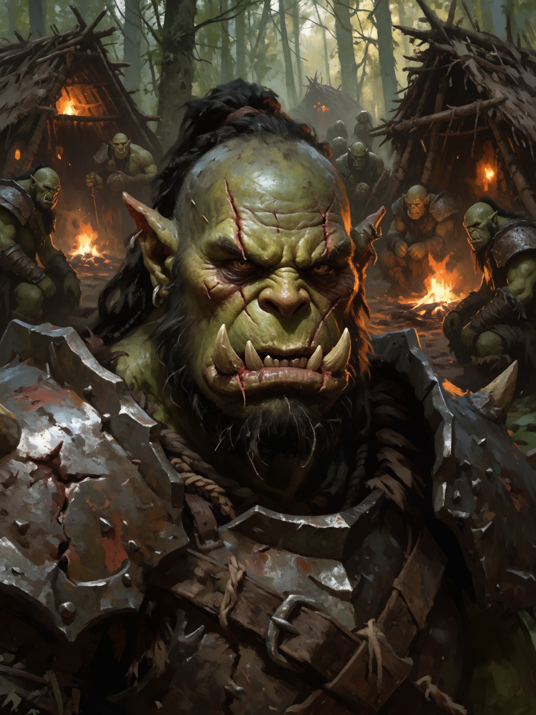digital painting head and shoulders portrait of a fierce battle-scarred and battered orc warrior in heavy armor in forest...
