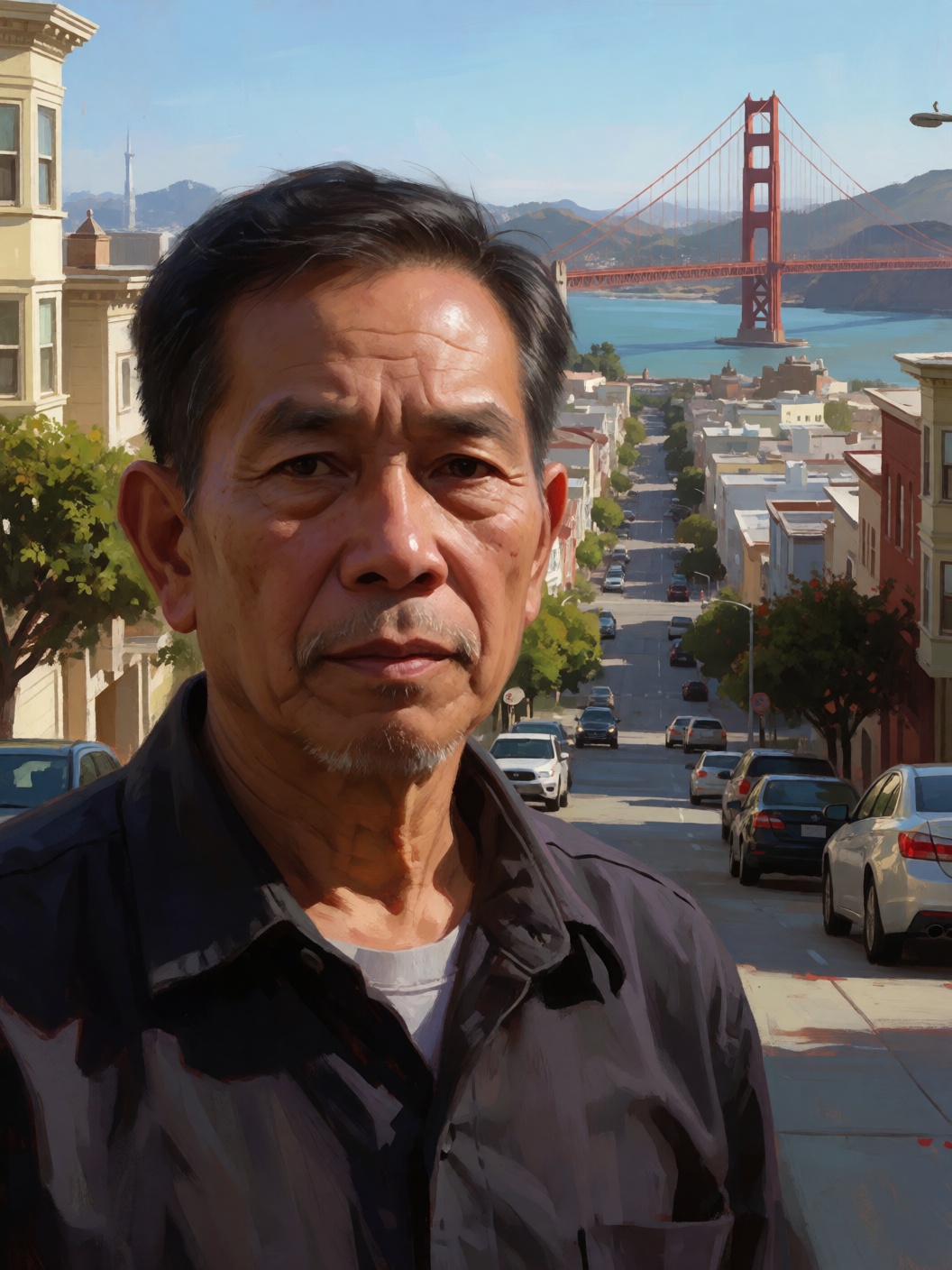 digital painting portrait of an average older Filipino man. In San Francisco late in the morning. In the background we see...