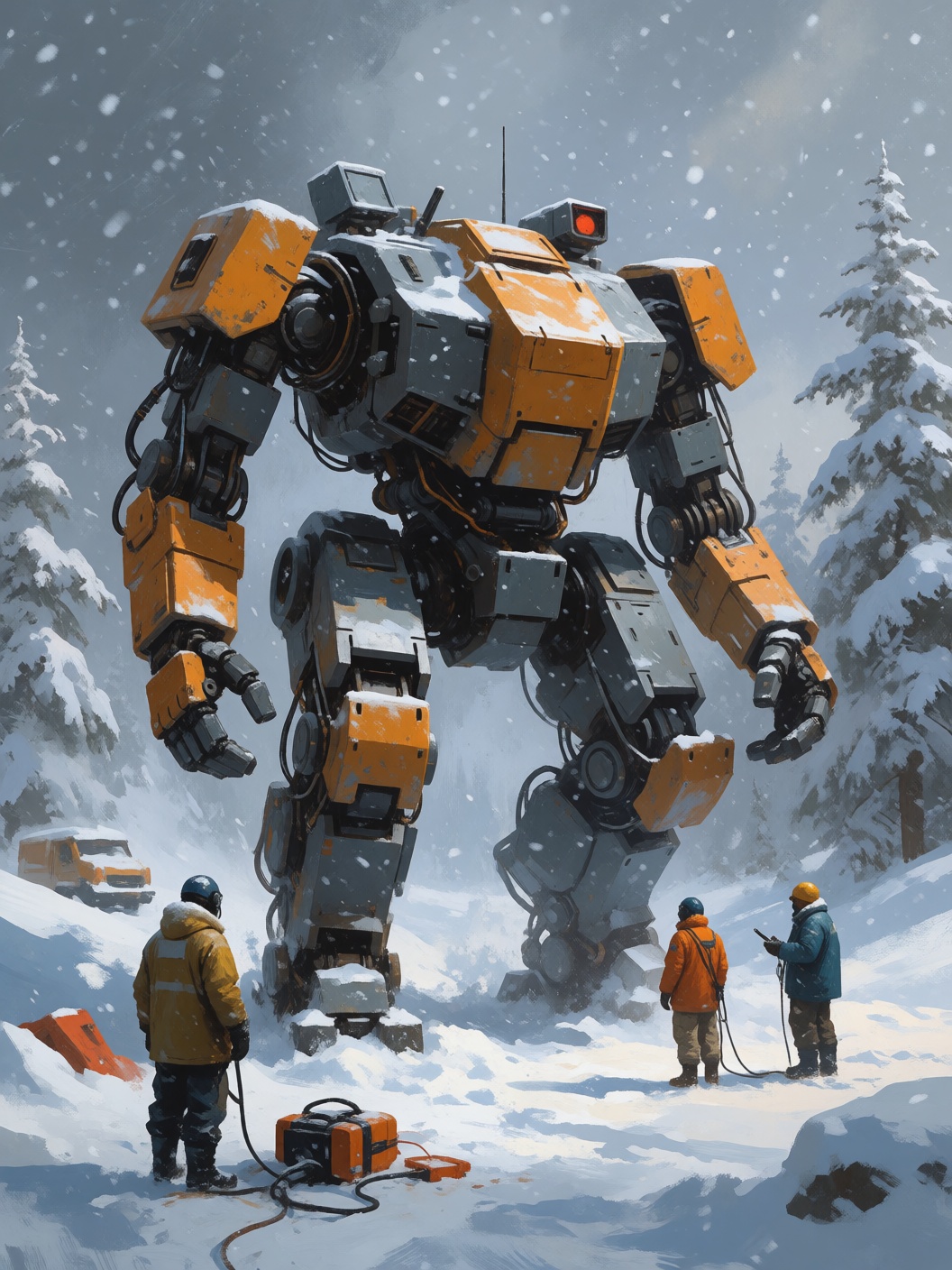 digital painting of a massive mech worker in the snow with tiny human technicians on the ground dressed for arctic cold am...