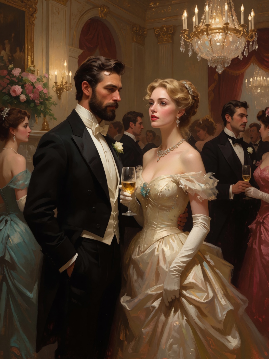 Digital painting of a high society classy ballroom with handsome and beautiful people at a party. Romantic lighting fallin...