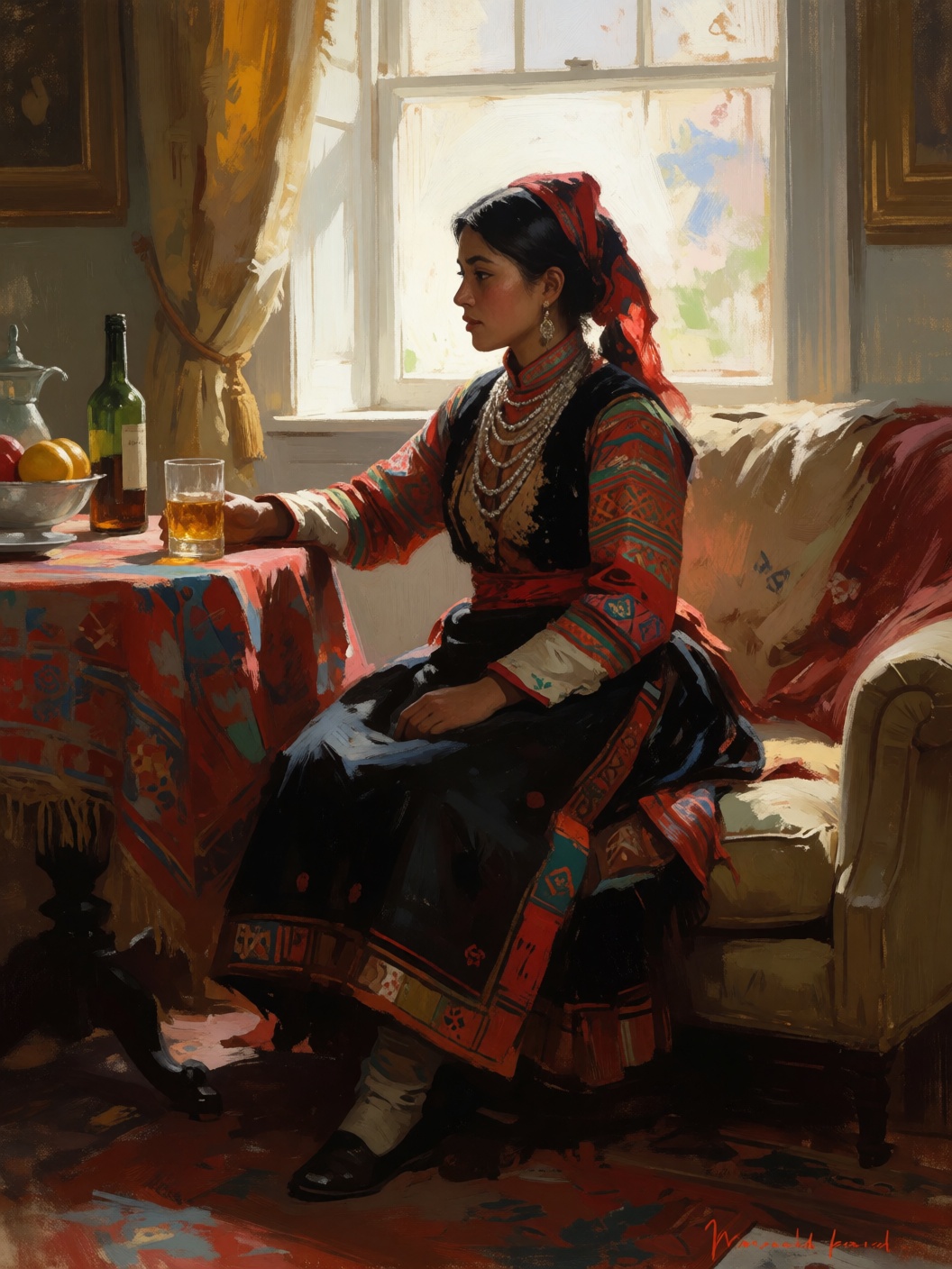 digital painting of an ethnic model with a glass of whisky indoors. Rich furnishings scene by maxfield parish. Bright wind...