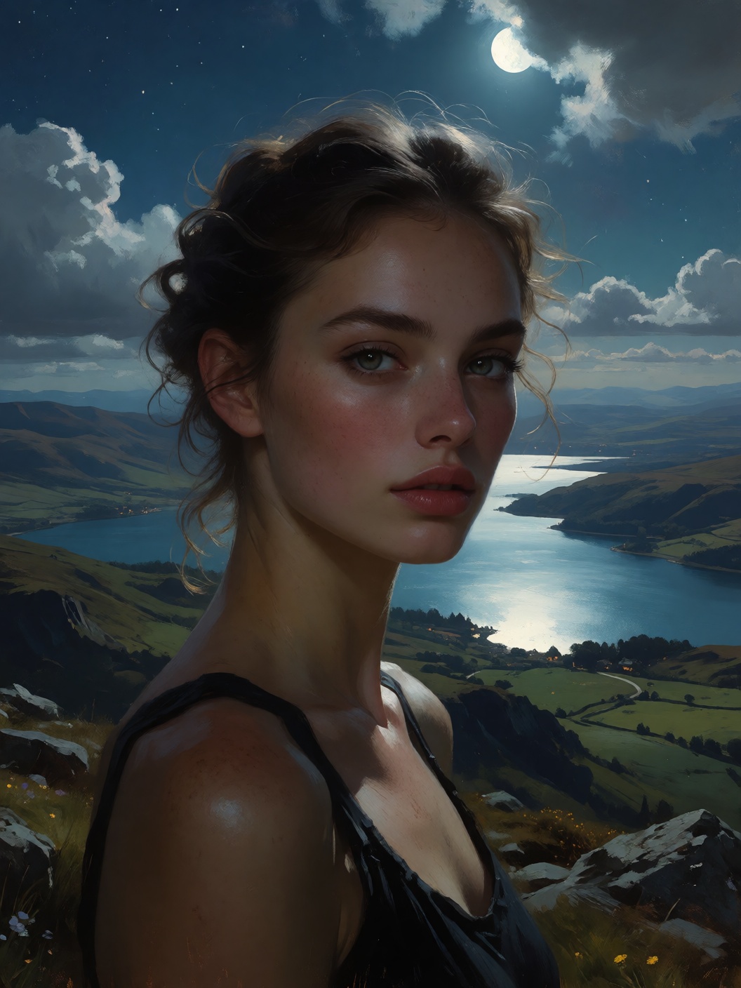 digital painting closeup head and shoulders portrait of a beautiful model on a mountain summit at night under moonlight an...