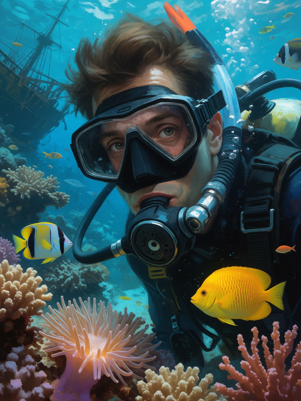 digital painting closeup portrait of a diver exploring a coral reef,  with colorful fish swimming around. The background r...