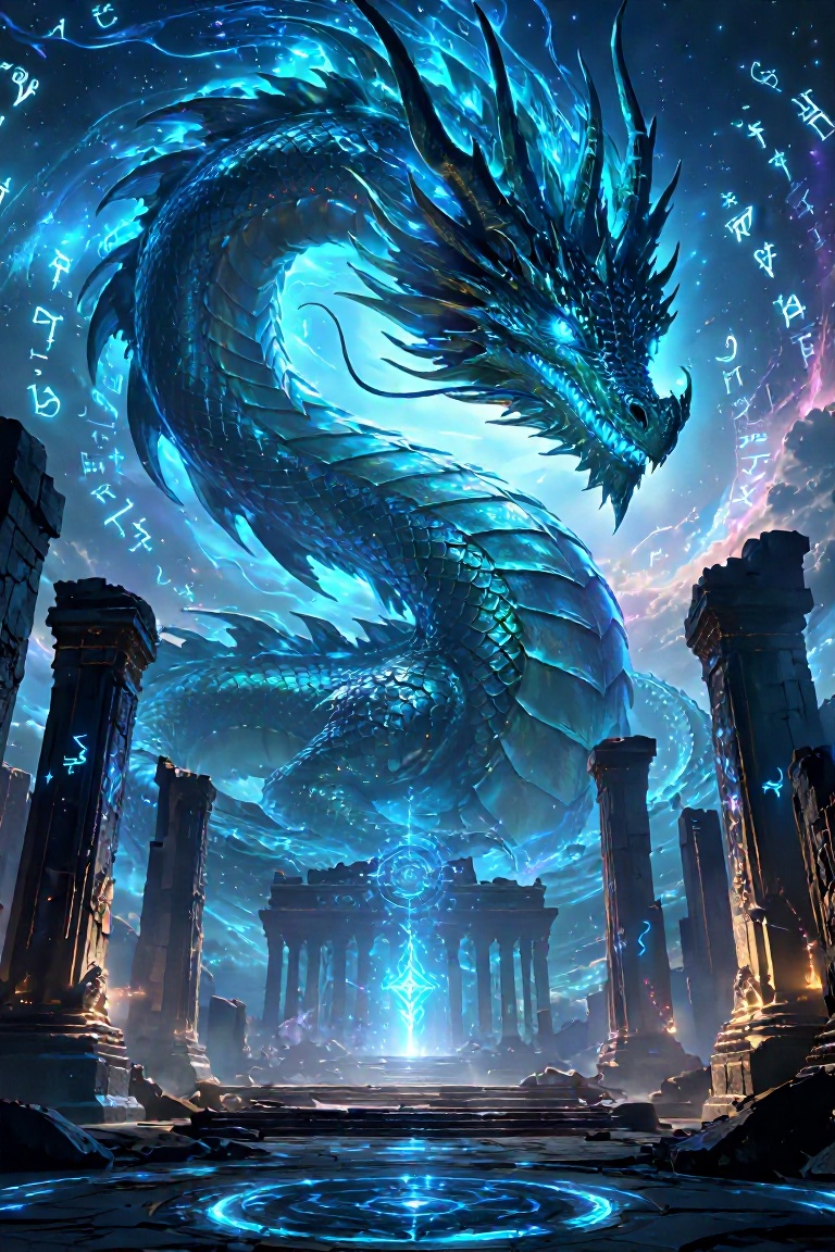 a cinematic portrait of a dragon,  no human,  ruined stone pillars on Tensor.Art