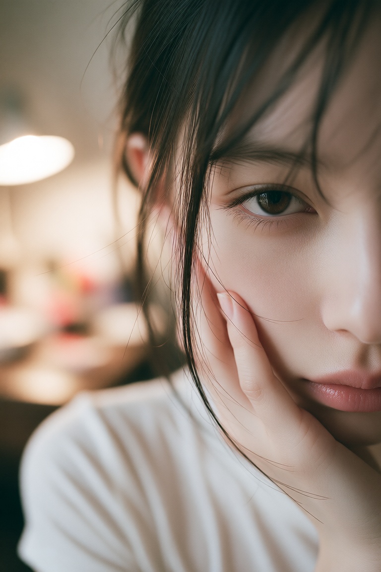 真实手机前置摄像头近距离自拍快照,  画面随意、略糊,  只看到人物右脸、右眼区域、几缕八字刘海发丝和托着右脸的手部轮廓 on Tensor.Art