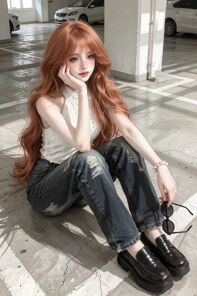 Full-body portrait of a young woman. Angle: High-angle shot. Pose: Sitting on a concrete floor with drawn-up knees,  resti...