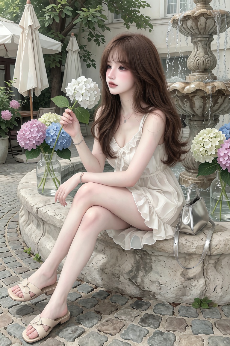 Full-body portrait of a young woman. Angle: Eye-level shot. Pose: Sitting on the stone edge of a fountain,  crossing her l...