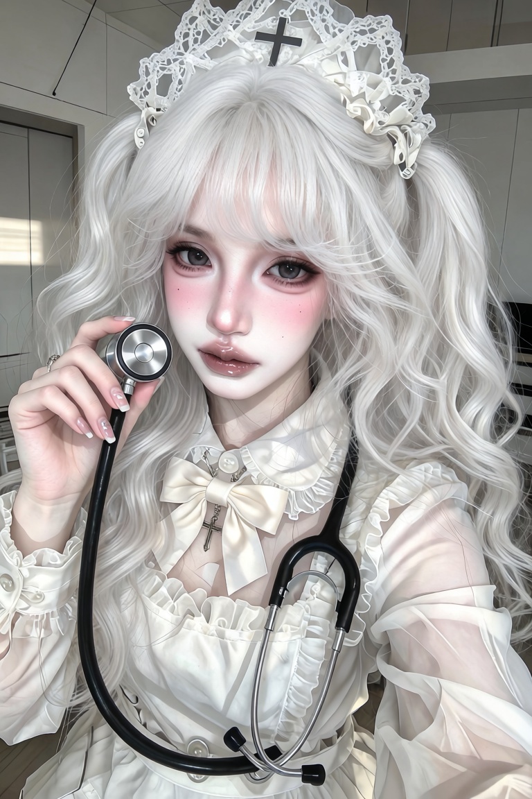 Close-up portrait of a young woman. Angle: High-angle selfie shot. Pose: Holding a stethoscope chest piece near her face w...