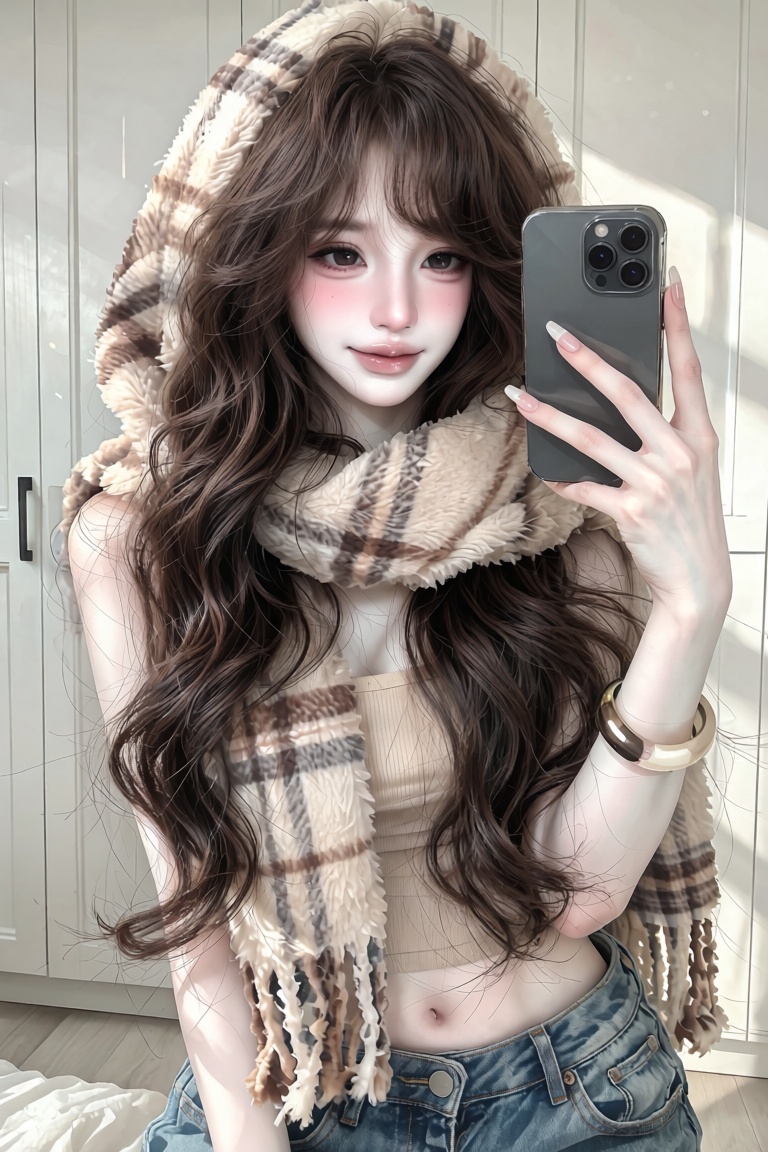 Medium portrait of a young woman. Angle: Eye-level mirror selfie shot. Pose: Standing,  holding a smartphone to take a mir...
