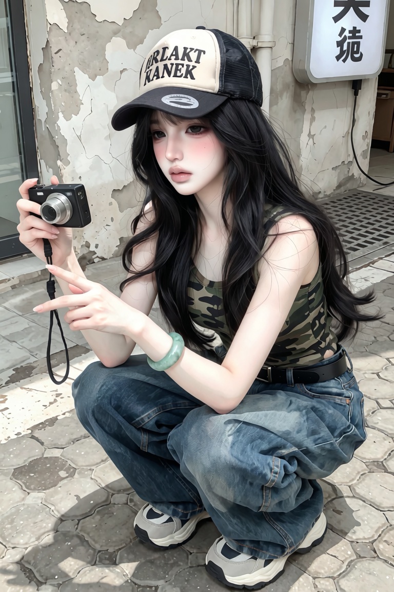 Full-body portrait of a young woman. Angle: High-angle shot. Pose: Crouching on a paved street,  gesturing with one hand w...