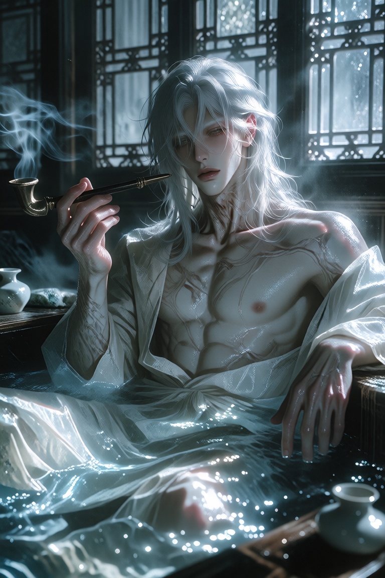 reaj1,  A gaunt,  muscular ***** male with long silver-white hair sits submerged to the chest in luminous water on Tensor.Art