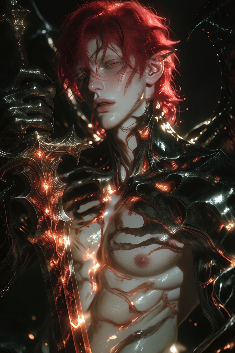 reaj1,  A pale young man with vivid red hair stands close to the frame,  his torso angled slightly toward the viewer and h...
