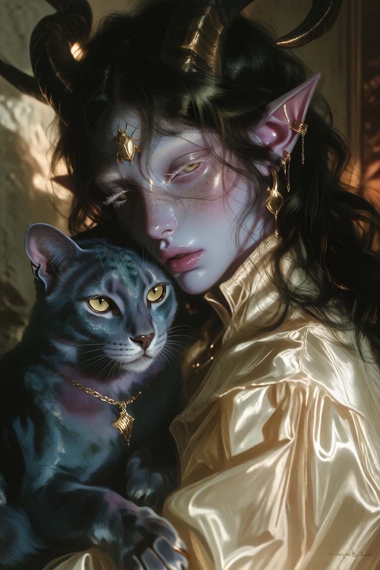 reaj1,  A horned elfin woman leans in close,  her head tilted down toward a blue-violet feline she holds against her chest...