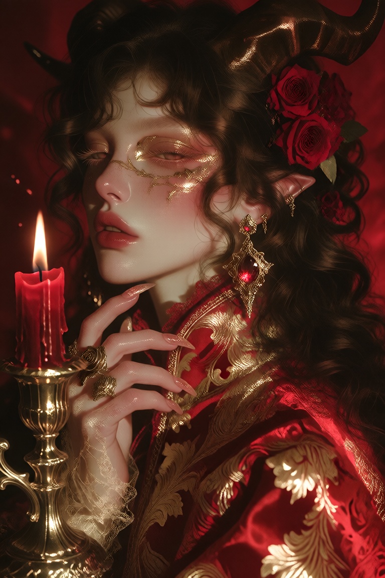 reaj1,  A woman with small curved black horns rises from a deep red ground,  her head turned in three-quarter profile towa...