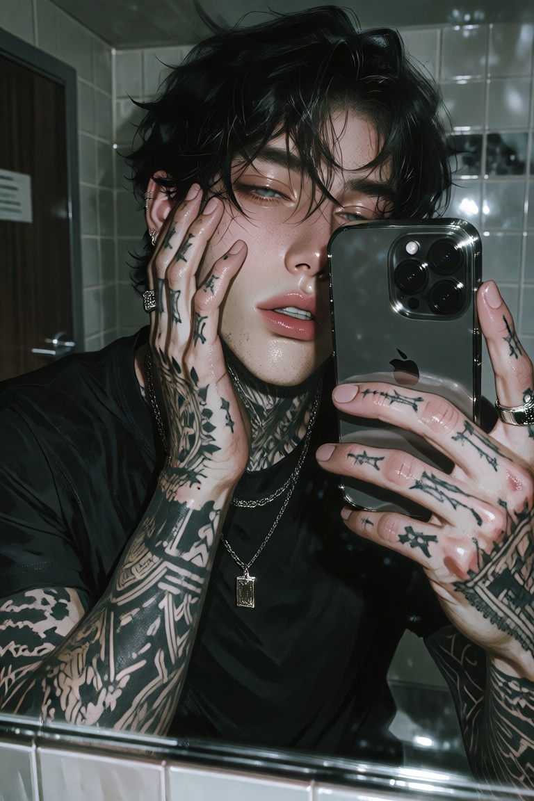 reaj1,  A young man leans into a bathroom mirror for a close mirror selfie,  his head tilted slightly as his right hand cu...