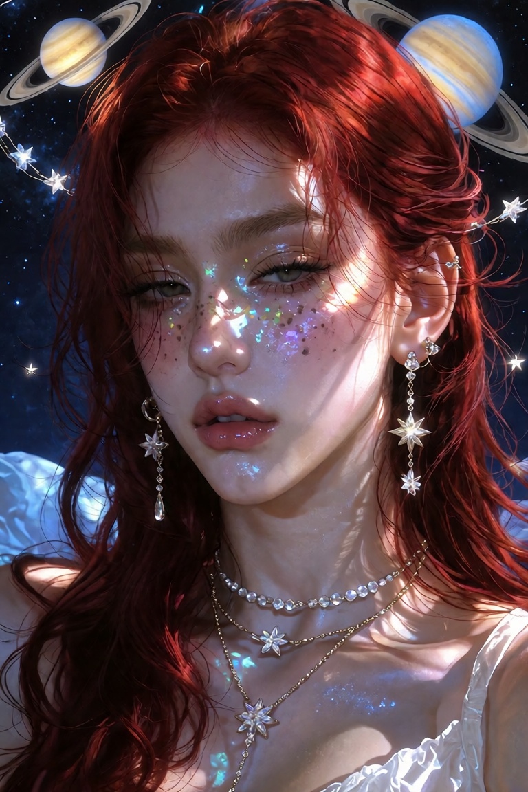 A cinematic,  high-fashion experimental portrait of a person with long,  flowing auburn and deep red hair that billows upw...