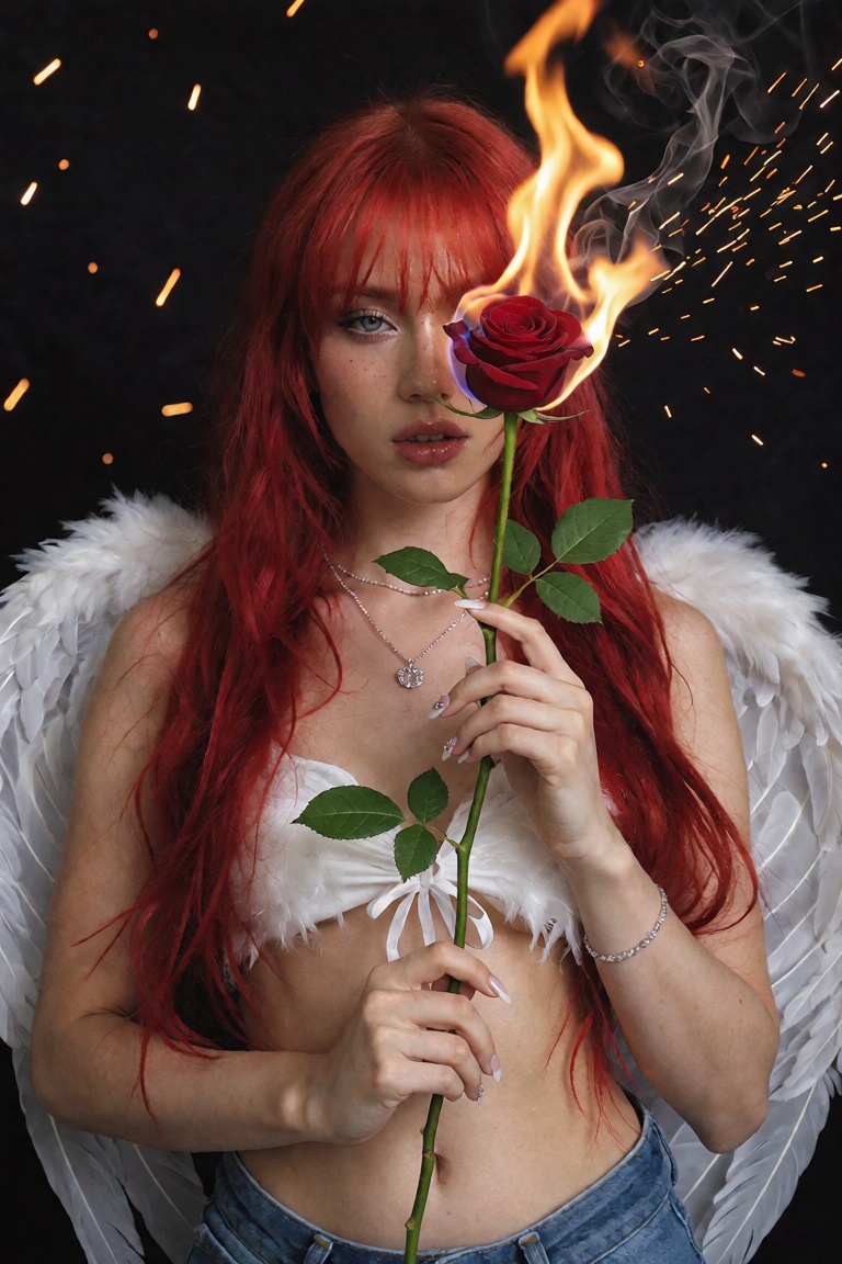 Cinematic surreal conceptual editorial photograph of a young woman with long vivid red hair and blunt bangs facing the cam...