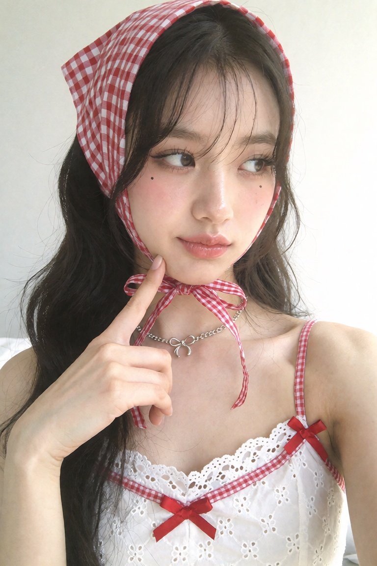 Candid UGC smartphone soft pastel snapshot of a young woman in a close-up portrait,  head tilted slightly with a dreamy si...