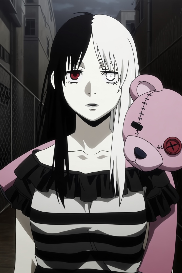 This image is a digital anime-style drawing depicting a young woman with striking black and white hair. Her long,  straigh...