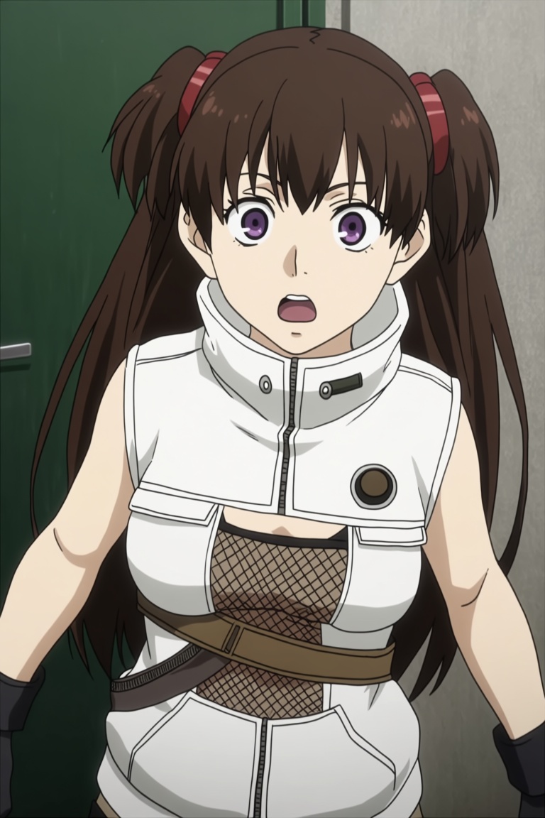 The image depicts a young woman with long brown hair tied into two ponytails,  each secured with red bands,  and a purple...