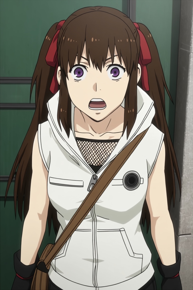 The image depicts a young woman with long brown hair tied into two ponytails,  each secured with red bands,  and a purple...