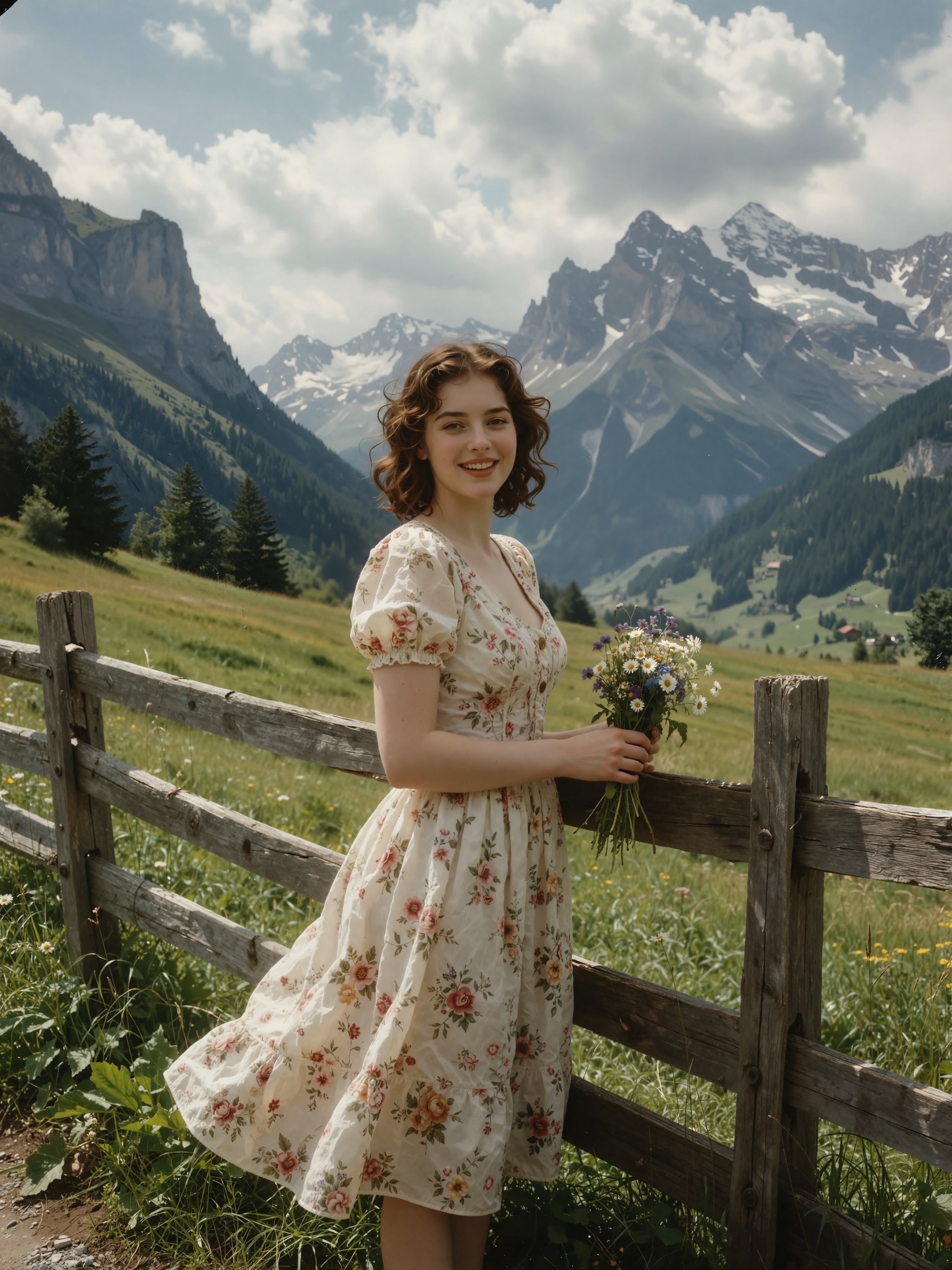 Photorealistic 22 year old woman standing beside a rustic wooden fence in the Swiss countryside,  holding a small bouquet...