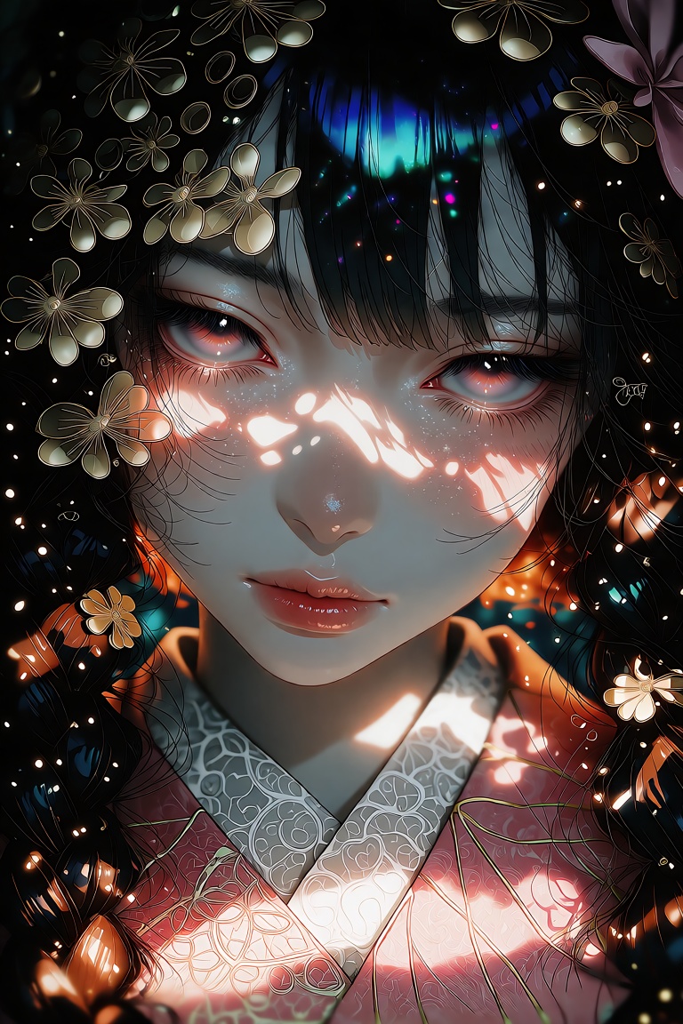 Create a wallpaper featuring a portrait of Nezuko Kamado in a fantasy setting. Incorporate dramatic lighting and cinematic...