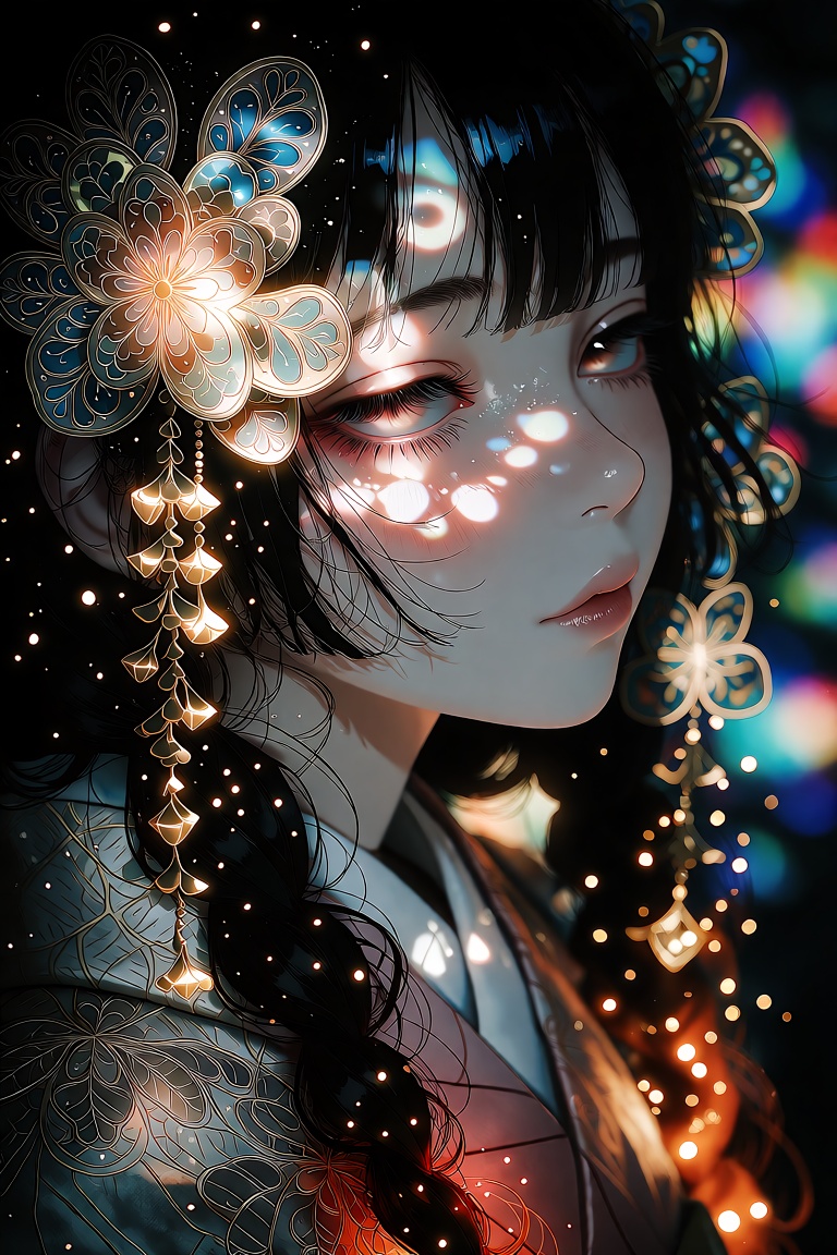 Create a wallpaper featuring a portrait of Nezuko Kamado in a fantasy setting. Incorporate dramatic lighting and cinematic...