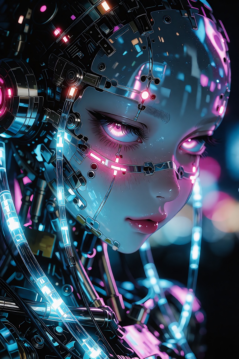 An ultra-detailed close-up of a futuristic cybernetic anime puppet. The puppet's face is flawlessly sculpted with anime pr...