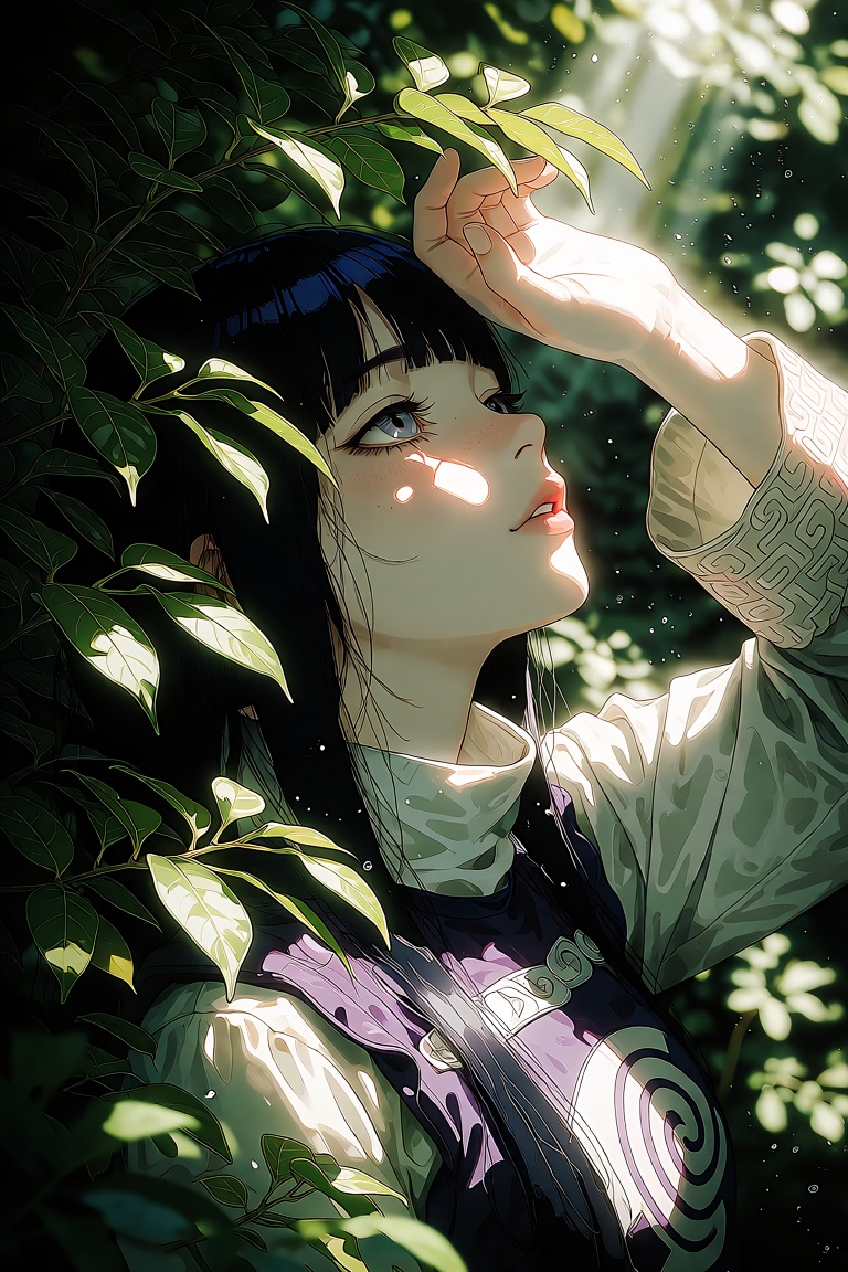 The image depicts a young person Hinata with long black hair and a light-colored outfit,  standing amidst lush green folia...