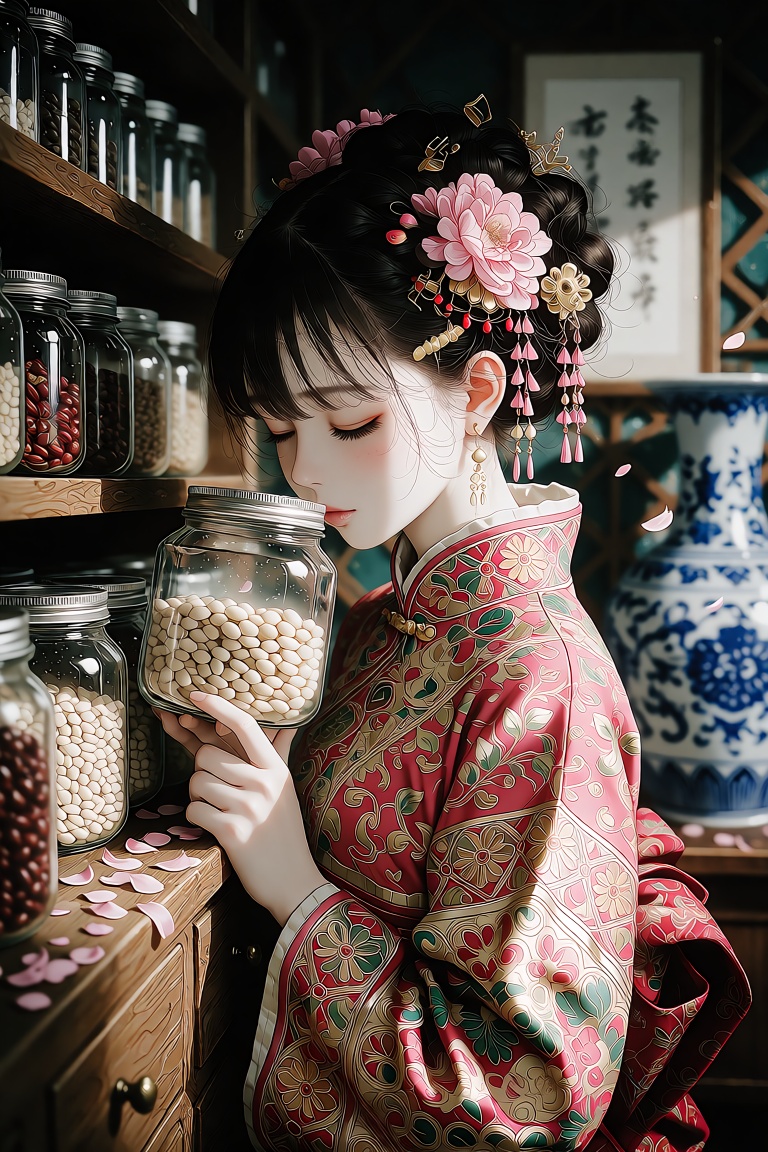 The image depicts a young woman dressed in traditional attire,  standing in front of a wooden cabinet filled with glass ja...