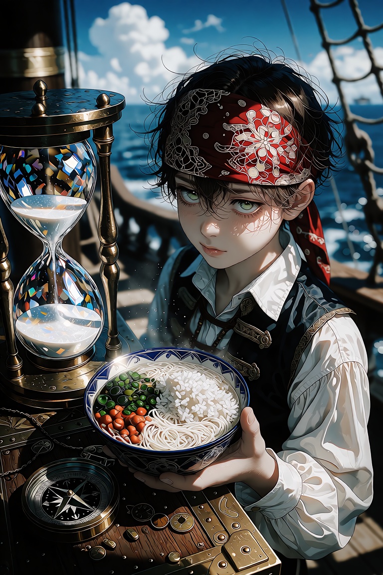 Create a pirate-themed scene where a young boy stands on a sunlit deck,  holding a bowl of rice and noodles. In the backgr...