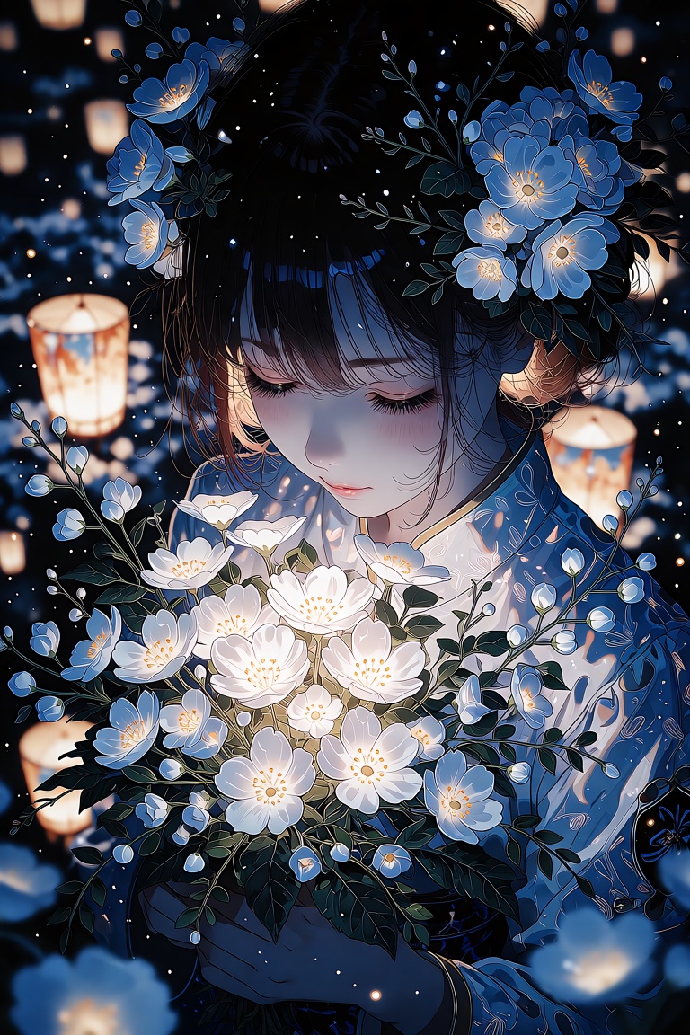 The image depicts a young girl surrounded by floating lanterns and blooming flowers. The girl has dark hair and is wearing...