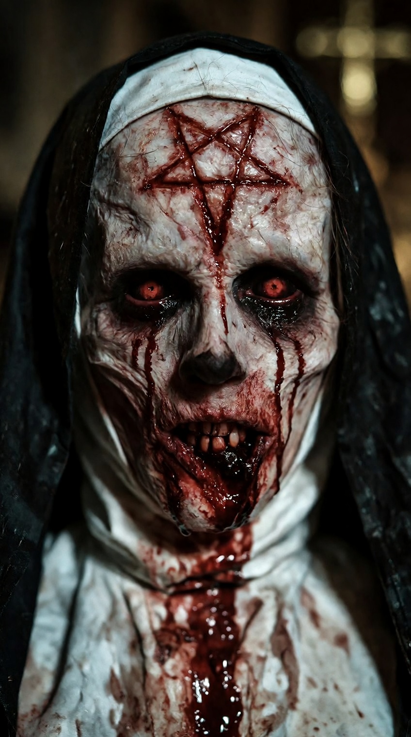 @knightmarecult_,  a close-up shot of a terrifying,  demonic-looking figure dressed as a nun on Tensor.Art