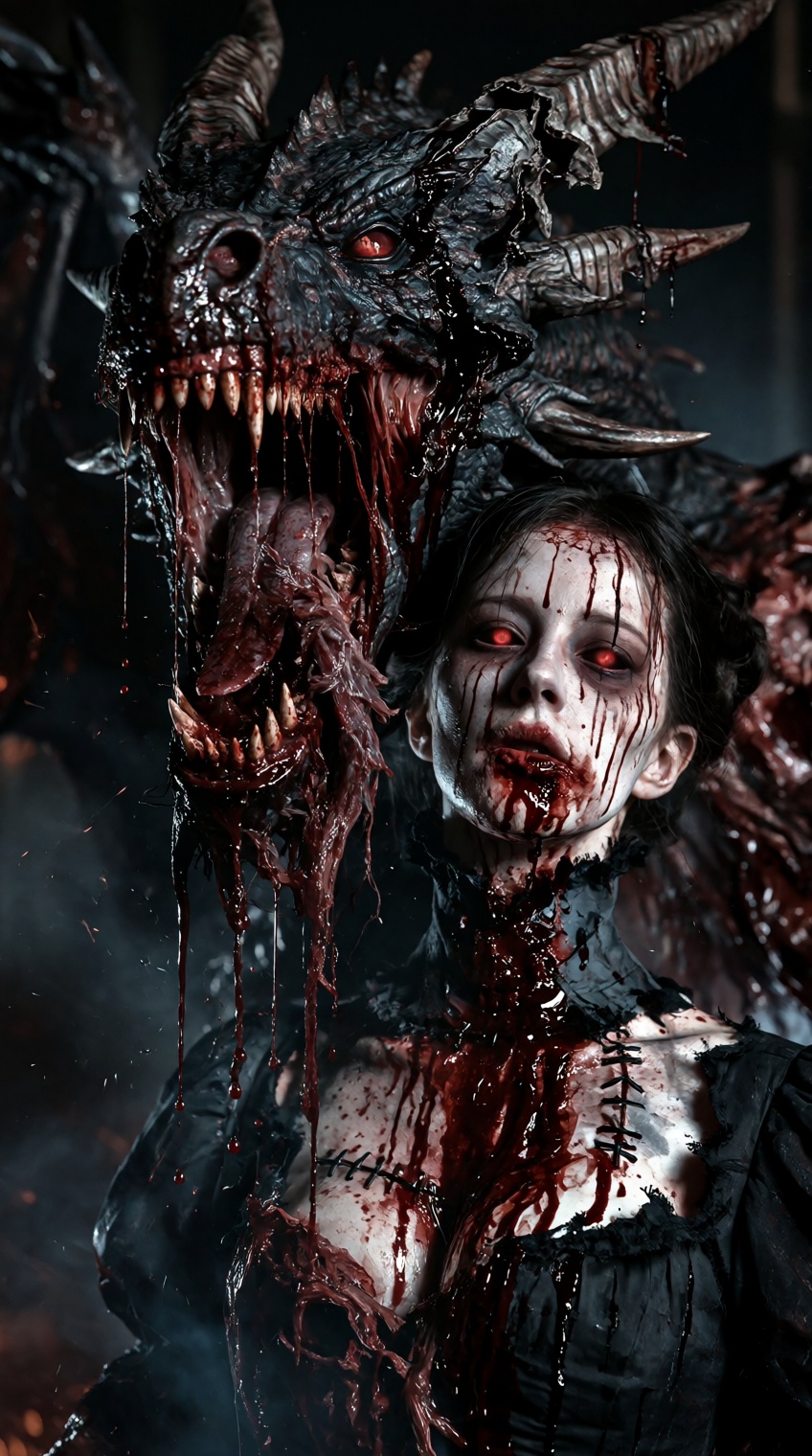 @knightmarecult,  a visceral dark horror portrait of an eerie,  blood-drenched gothic maiden and a mutilated obsidian drag...