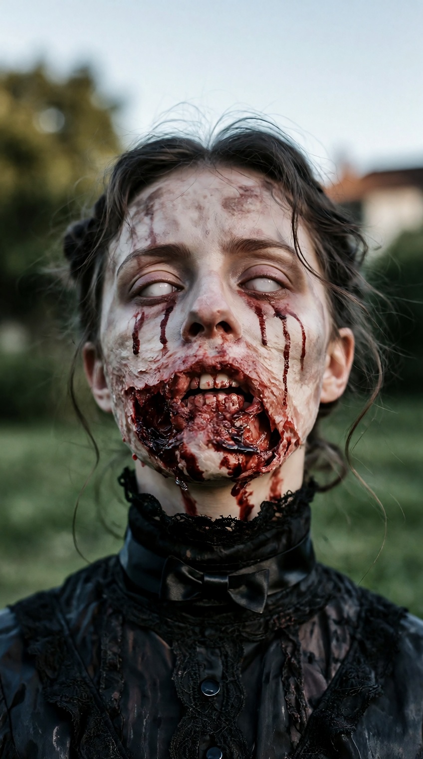@knightmarecult_,  a close-up portrait shows a young woman styled as a horror or zombie character,  wearing elaborate spec...