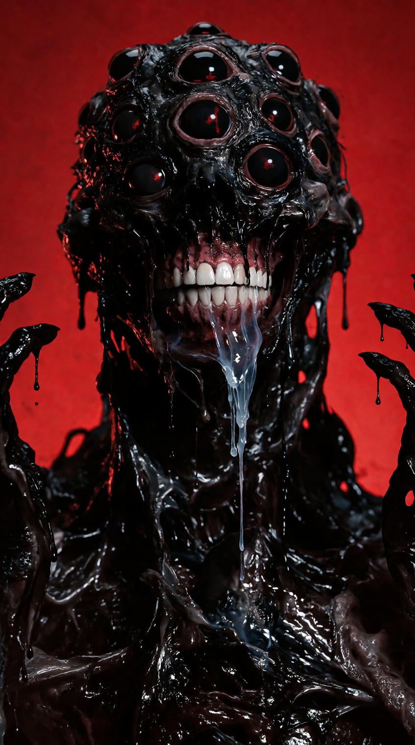 @knightmarecult,  A towering grotesque entity composed of viscous dripping black sludge and melting tar,  centered against...
